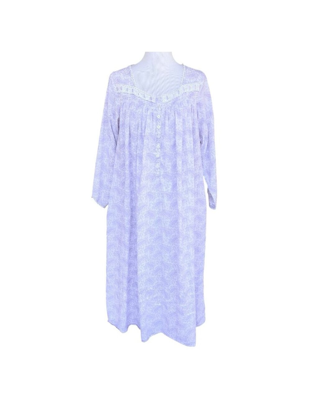 Eileen West Cotton Long Nightgown Size Small Lavender Paisley Lace Trim Button